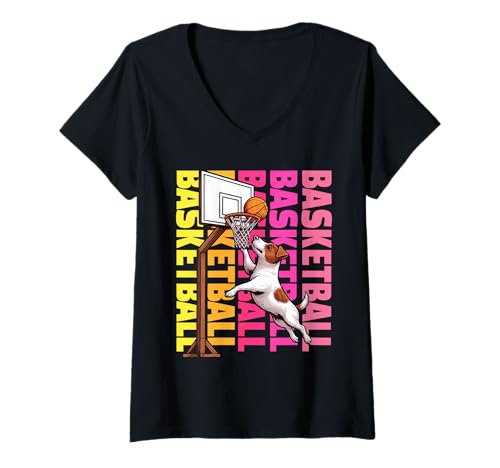 Damen Jack Russell Terrier Basketball Sport Hundeliebhaber T-Shirt mit V-Ausschnitt Damen Jack Russell Terrier Basketball Sport Hundeliebhaber T-Shirt mit V-Ausschnitt von Funny Jack Russell Basketball Player Dog Designs