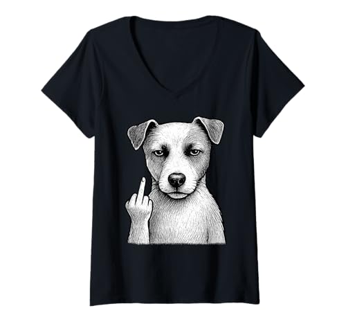 Damen Jack Russell Terrier Mittelfinger sarkastischer Hundeliebhaber T-Shirt mit V-Ausschnitt Damen Jack Russell Terrier Mittelfinger sarkastischer Hundeliebhaber T-Shirt mit V-Ausschnitt von Funny Jack Russell Flipping Off Dog Designs
