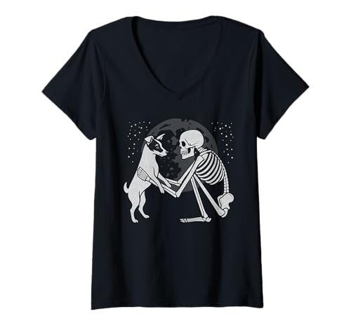 Damen Jack Russell Terrier Skelett Mond Halloween Hundeliebhaber T-Shirt mit V-Ausschnitt Damen Jack Russell Terrier Skelett Mond Halloween Hundeliebhaber T-Shirt mit V-Ausschnitt von Funny Jack Russell Gothic Dog Designs