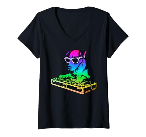 Damen Jack Russell Terrier DJ Musik Party Hundeliebhaber T-Shirt mit V-Ausschnitt Damen Jack Russell Terrier DJ Musik Party Hundeliebhaber T-Shirt mit V-Ausschnitt von Funny Jack Russell House Music Dog Designs