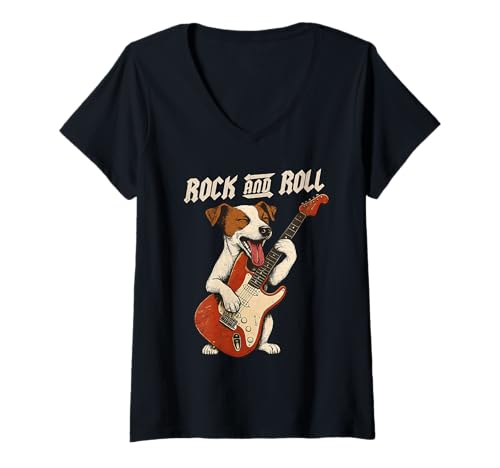 Damen Jack Russell Terrier spielt Gitarre Rock and Roll Dog Lover T-Shirt mit V-Ausschnitt Damen Jack Russell Terrier spielt Gitarre Rock and Roll Dog Lover T-Shirt mit V-Ausschnitt von Funny Jack Russell Rock Music Dog Designs