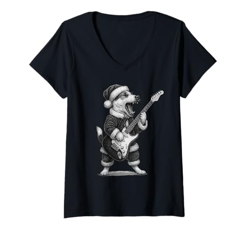 Damen Jack Russell Terrier spielt Gitarre Weihnachten Hundeliebhaber T-Shirt mit V-Ausschnitt Damen Jack Russell Terrier spielt Gitarre Weihnachten Hundeliebhaber T-Shirt mit V-Ausschnitt von Funny Jack Russell Rock Music Dog Designs