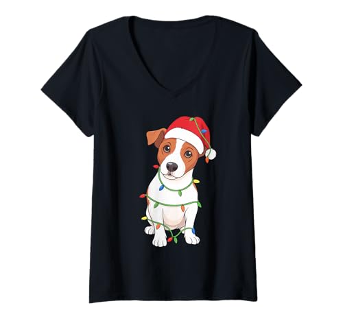 Damen Jack Russell Terrier Weihnachtsbaumbeleuchtung Urlaub Hundeliebhaber T-Shirt mit V-Ausschnitt von Funny Jack Russell Xmas Tree Dog Designs