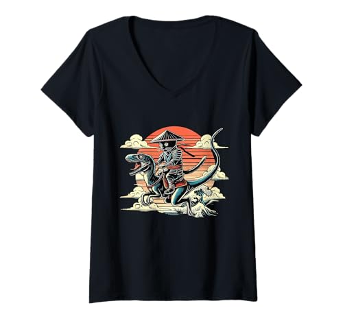 Damen Retro Ninja Cat Riding A Dinosaurier Japanische Kunst Katzenliebhaber T-Shirt mit V-Ausschnitt Damen Retro Ninja Cat Riding A Dinosaurier Japanische Kunst Katzenliebhaber T-Shirt mit V-Ausschnitt von Funny Japanese Art Cute Dinosaur And Cat Themed