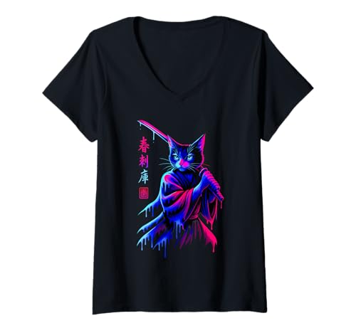 Damen Samurai-Katze, japanischer Krieger, Tropfkunst, Herren, Damen, Kinder T-Shirt mit V-Ausschnitt Damen Samurai-Katze, japanischer Krieger, Tropfkunst, Herren, Damen, Kinder T-Shirt mit V-Ausschnitt von Funny Japanese Graphic Gifts