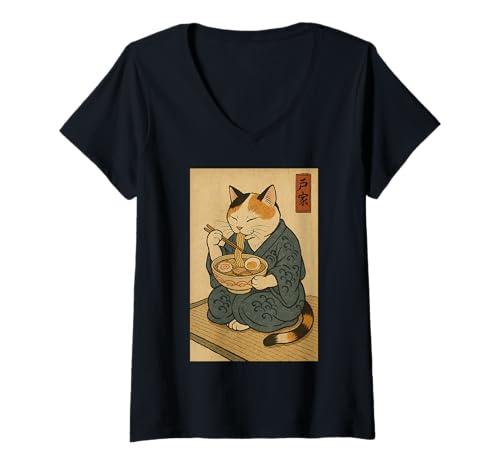 Damen Japanese Neko Kimono Cat Eating Ramen Ukiyo-E Style T-Shirt mit V-Ausschnitt Damen Japanese Neko Kimono Cat Eating Ramen Ukiyo-E Style T-Shirt mit V-Ausschnitt von Funny Japanese Kimono Ramen Cat Ukiyo-e Poster