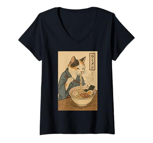 Damen Japanese Neko Cat Eating Ramen Ukiyo-E Style T-Shirt mit V-Ausschnitt Damen Japanese Neko Cat Eating Ramen Ukiyo-E Style T-Shirt mit V-Ausschnitt von Funny Japanese Ramen Cat Ukiyo-e Poster