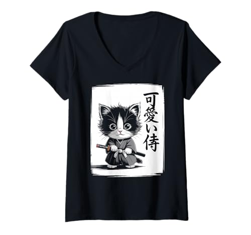 Damen Samurai-Kätzchen | Japanische Kunst, niedlich & Kawaii, Samurai-Katze T-Shirt mit V-Ausschnitt Damen Samurai-Kätzchen | Japanische Kunst, niedlich & Kawaii, Samurai-Katze T-Shirt mit V-Ausschnitt von Funny Japanese Themed Gifts for Men Boys Kids