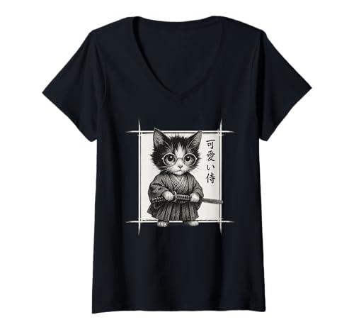 Damen Samurai-Katze | Japanische Kunst, niedlich & Kawaii, Samurai-Kätzchen T-Shirt mit V-Ausschnitt Damen Samurai-Katze | Japanische Kunst, niedlich & Kawaii, Samurai-Kätzchen T-Shirt mit V-Ausschnitt von Funny Japanese Themed Gifts for Men Boys Kids