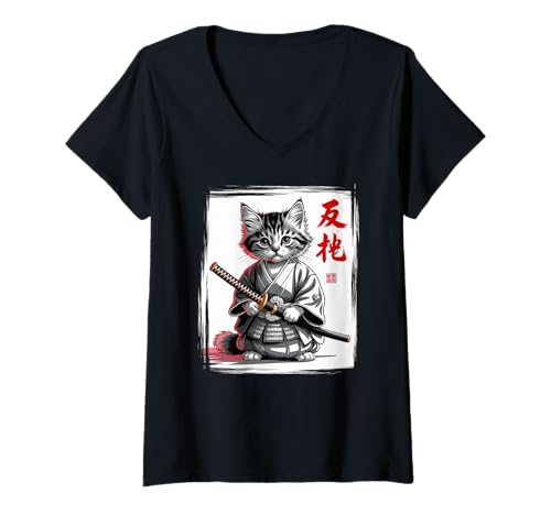 Damen Samurai-Katze | Kawaii, Samurai-Kätzchen, niedliche japanische Kunst T-Shirt mit V-Ausschnitt Damen Samurai-Katze | Kawaii, Samurai-Kätzchen, niedliche japanische Kunst T-Shirt mit V-Ausschnitt von Funny Japanese Themed Gifts for Men Boys Kids