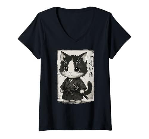 Damen Samurai-Katze | Süßes Samurai-Kätzchen, japanische Kunst & Kawaii T-Shirt mit V-Ausschnitt Damen Samurai-Katze | Süßes Samurai-Kätzchen, japanische Kunst & Kawaii T-Shirt mit V-Ausschnitt von Funny Japanese Themed Gifts for Men Boys Kids