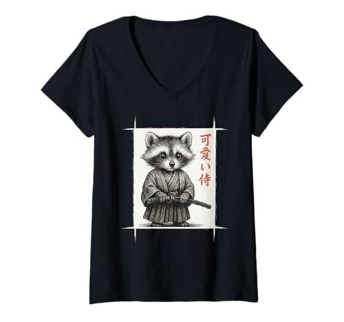 Damen Samurai Waschbär, Japanischer Kawaii & Anime Samurai Waschbär T-Shirt mit V-Ausschnitt Damen Samurai Waschbär, Japanischer Kawaii & Anime Samurai Waschbär T-Shirt mit V-Ausschnitt von Funny Japanese Themed Gifts for Men Boys Kids