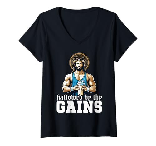 Damen Geheiligt von The Gains Christliches Bodybuilding-Fitnesstraining T-Shirt mit V-Ausschnitt Damen Geheiligt von The Gains Christliches Bodybuilding-Fitnesstraining T-Shirt mit V-Ausschnitt von Funny Jesus Gym Weightlifter Bodybuilder Tee