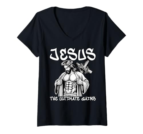 Damen Jesus The Ultimate Gains Christliches Fitnesstraining T-Shirt mit V-Ausschnitt Damen Jesus The Ultimate Gains Christliches Fitnesstraining T-Shirt mit V-Ausschnitt von Funny Jesus Gym Weightlifter Bodybuilder Tee