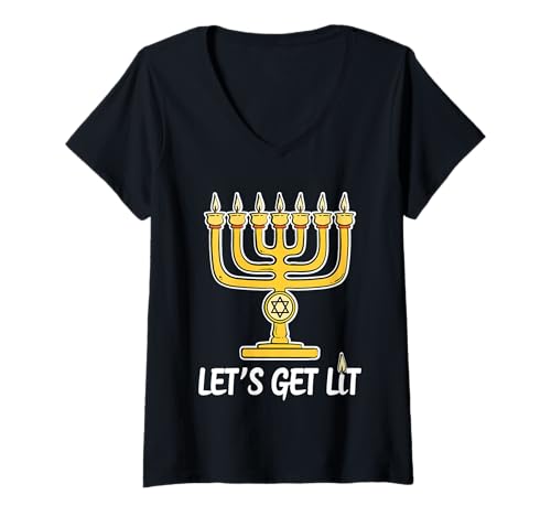 Damen Let's Get Lit Funny Happy Chanukka T-Shirt mit V-Ausschnitt von Funny Jewish Gifts For Proud Jews And Israelites