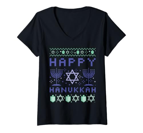 Damen Happy Chanukkah Chanukka T-Shirt mit V-Ausschnitt Damen Happy Chanukkah Chanukka T-Shirt mit V-Ausschnitt von Funny Jewish Hanukkah Gifts & Clothes by DIMMERCH