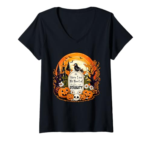 Damen Here Lies My Mental Stability Halloween Moon Funny Tombstone T-Shirt mit V-Ausschnitt Damen Here Lies My Mental Stability Halloween Moon Funny Tombstone T-Shirt mit V-Ausschnitt von Funny Joke Halloween Costume