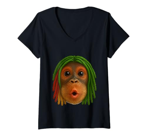 Damen Rasta Monkey Magen Meme Cool Trending Virales Video T-Shirt mit V-Ausschnitt von Funny Jungle Vibes Monkey Face Humor Tee