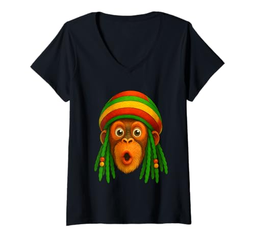 Damen Rasta Monkey Magen Meme Cool Trending Virales Video T-Shirt mit V-Ausschnitt von Funny Jungle Vibes Monkey Face Humor Tee