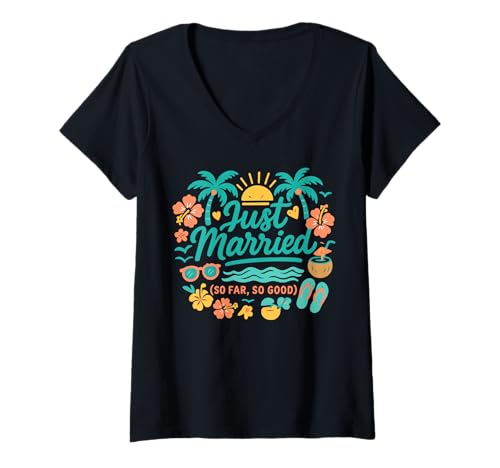 Damen Bisher gerade verheiratet So gut Paradise Vibes Flitterwochen T-Shirt mit V-Ausschnitt Damen Bisher gerade verheiratet So gut Paradise Vibes Flitterwochen T-Shirt mit V-Ausschnitt von Funny Just Married Newlywed Honeymoon Design