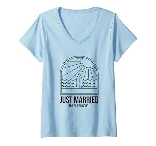 Damen Just Married, lustiges und unbeschwertes Hochzeitsfest-Design T-Shirt mit V-Ausschnitt Damen Just Married, lustiges und unbeschwertes Hochzeitsfest-Design T-Shirt mit V-Ausschnitt von Funny Just Married Newlywed Honeymoon Design