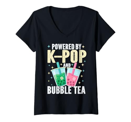 Damen Angetrieben von KPOP und Bubble Tea Boba Korean Milk Matcha Anime T-Shirt mit V-Ausschnitt von Funny K-Pop Kawaii Korean Milk Matcha Anime Tee