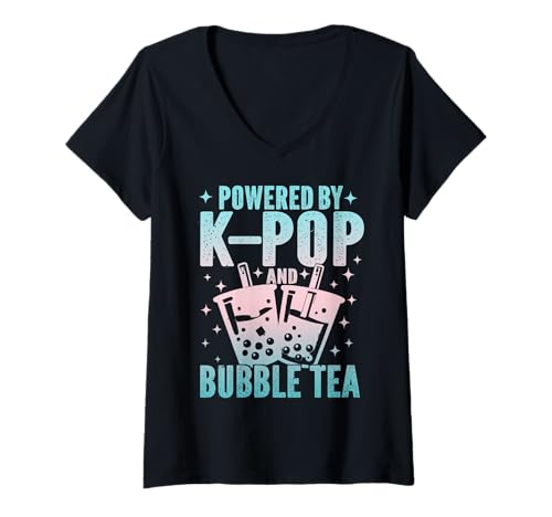 Damen Angetrieben von KPOP und Bubble Tea Boba Korean Milk Matcha Anime T-Shirt mit V-Ausschnitt von Funny K-Pop Kawaii Korean Milk Matcha Anime Tee
