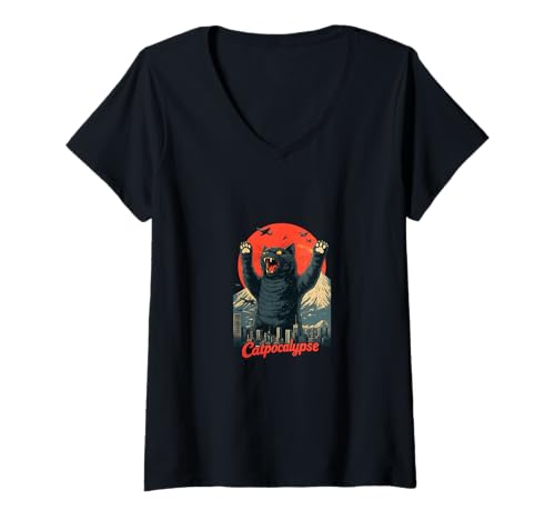 Damen Catpocalypse Lustiges Katzenmonster T-Shirt mit V-Ausschnitt Damen Catpocalypse Lustiges Katzenmonster T-Shirt mit V-Ausschnitt von Funny Kaiju Cat Apparel