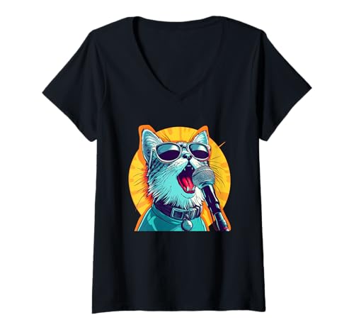 Damen Katze mit Schatten und Mikrofon für Karaoke-Freunde T-Shirt mit V-Ausschnitt Damen Katze mit Schatten und Mikrofon für Karaoke-Freunde T-Shirt mit V-Ausschnitt von Funny Karaoke Cat