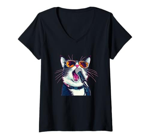 Damen Schönes Karaoke-Katzenkostüm T-Shirt mit V-Ausschnitt von Funny Karaoke Cat