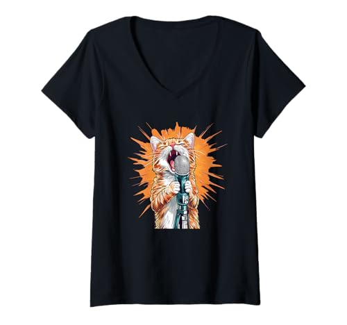 Damen Tolles Karaoke-Outfit mit singender Katze T-Shirt mit V-Ausschnitt von Funny Karaoke Cat