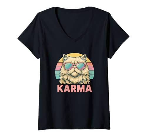 Damen Vintage Retro Katze Musik für Teenager Mädchen Kinder Frauen Männer Karma T-Shirt mit V-Ausschnitt Damen Vintage Retro Katze Musik für Teenager Mädchen Kinder Frauen Männer Karma T-Shirt mit V-Ausschnitt von Funny Karma Cat Lover Gifts Merch