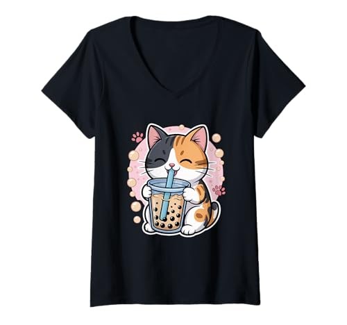 Damen Cute Kawaii Calico Cat Boba Tea Bubble Tea T-Shirt mit V-Ausschnitt Damen Cute Kawaii Calico Cat Boba Tea Bubble Tea T-Shirt mit V-Ausschnitt von Funny Kawaii Calico Cat Bubble Tea