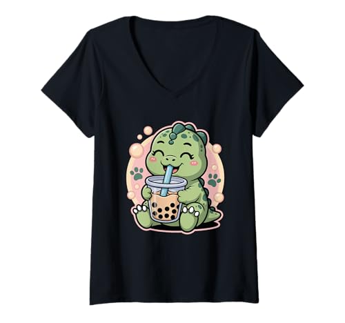 Damen Dino Boba Tea Bubble Tea Anime Kawaii T-Shirt mit V-Ausschnitt Damen Dino Boba Tea Bubble Tea Anime Kawaii T-Shirt mit V-Ausschnitt von Funny Kawaii Dinosaur Bubble Tea Anime Cute Boba