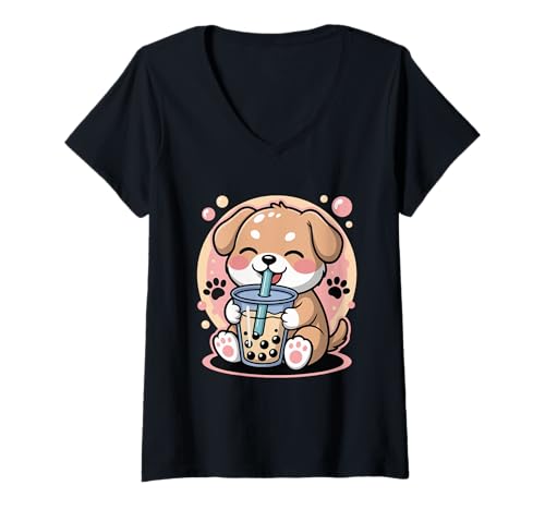 Damen Dog Boba Tea Bubble Tea Anime Kawaii T-Shirt mit V-Ausschnitt Damen Dog Boba Tea Bubble Tea Anime Kawaii T-Shirt mit V-Ausschnitt von Funny Kawaii Dog Bubble Tea Anime Cute Puppy Boba