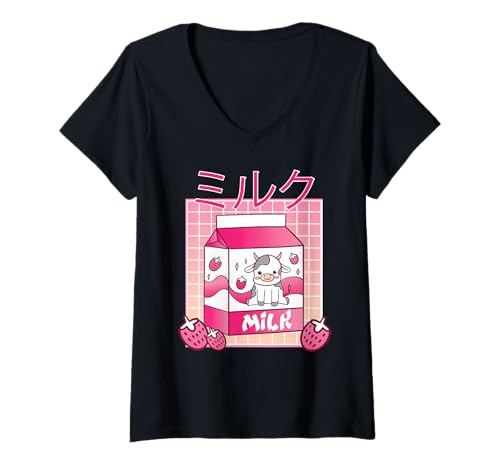 Damen Kawaii Erdbeer-Milchshake, japanischer süßer Kuhdruck T-Shirt mit V-Ausschnitt Damen Kawaii Erdbeer-Milchshake, japanischer süßer Kuhdruck T-Shirt mit V-Ausschnitt von Funny Kawaii Japanese Anime Lover Pop Art Design