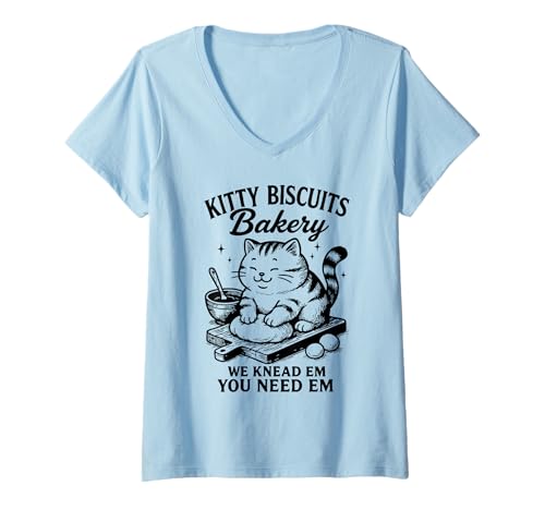 Damen Vintage Kitty Biscuits Bakery We Knead Cute Fat Cat Baking T-Shirt mit V-Ausschnitt Damen Vintage Kitty Biscuits Bakery We Knead Cute Fat Cat Baking T-Shirt mit V-Ausschnitt von Funny Kitten Baker Cats Lover Men Women Kids Gifts