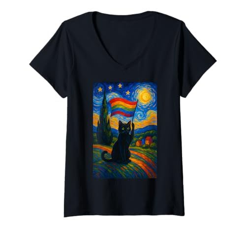 Damen Gay Pride Katzenkunst im Sternennacht-Stil, LGBTQ Pride, süßes Kätzchen T-Shirt mit V-Ausschnitt Damen Gay Pride Katzenkunst im Sternennacht-Stil, LGBTQ Pride, süßes Kätzchen T-Shirt mit V-Ausschnitt von Funny Kitten Cat LGBT Pride Month Apparel