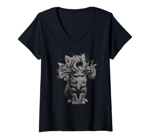 Damen 3 Headed Cat Funny Vintage Grunge y2k 90s Kitten T-Shirt mit V-Ausschnitt Damen 3 Headed Cat Funny Vintage Grunge y2k 90s Kitten T-Shirt mit V-Ausschnitt von Funny Kitten Grunge Vintage Style