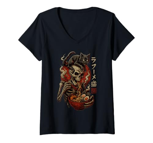 Damen Gruseliges Skelett Essen Ramen Schale mit Katze Halloween T-Shirt mit V-Ausschnitt Damen Gruseliges Skelett Essen Ramen Schale mit Katze Halloween T-Shirt mit V-Ausschnitt von Funny Kitty Lovers Halloween