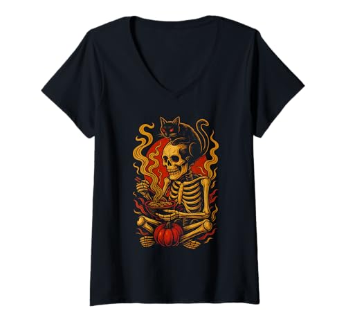 Damen Spooky Skeleton Eating Ramen Bowl with Cat Halloween T-Shirt mit V-Ausschnitt Damen Spooky Skeleton Eating Ramen Bowl with Cat Halloween T-Shirt mit V-Ausschnitt von Funny Kitty Lovers Halloween