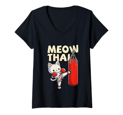 Damen Lustige Memes Katze Meow Meow Thai Muay Thai Katze T-Shirt mit V-Ausschnitt Damen Lustige Memes Katze Meow Meow Thai Muay Thai Katze T-Shirt mit V-Ausschnitt von Funny Kitty Meow Thai Meow Shirt Muay Thai Shirt