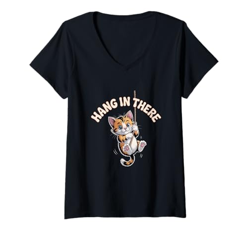 Damen Lustiges Katzen-Shirt mit Aufschrift I'm Just Hang In There T-Shirt mit V-Ausschnitt Damen Lustiges Katzen-Shirt mit Aufschrift I'm Just Hang In There T-Shirt mit V-Ausschnitt von Funny Kitty Shirt Just Hang In There Shirt