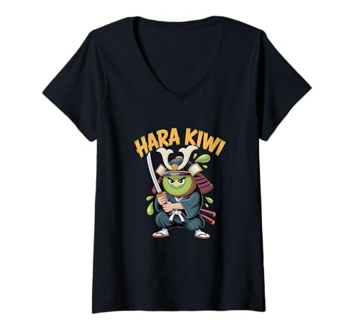 Damen Hara Kiwi Funny Samurai Fruit Kiwi T-Shirt mit V-Ausschnitt von Funny Kiwi Samurai Japanese Fruit Pun