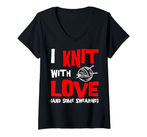 Damen I Knit With Love And Some Swearing Strickgarnknäuel T-Shirt mit V-Ausschnitt Damen I Knit With Love And Some Swearing Strickgarnknäuel T-Shirt mit V-Ausschnitt von Funny Knitting Knitter Apparel