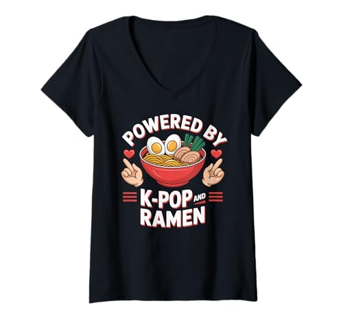 Damen Powered by K-pop and Ramen Kpop Merch Japanese Noodle T-Shirt mit V-Ausschnitt Damen Powered by K-pop and Ramen Kpop Merch Japanese Noodle T-Shirt mit V-Ausschnitt von Funny Kpop Fashion Clothing Co. Tee