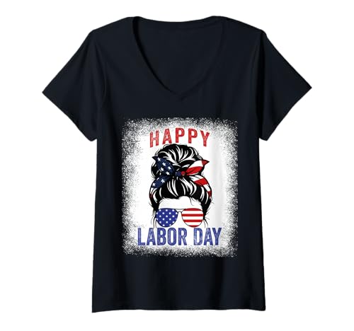 Damen Happy Labor Day Messy Bun USA Flagge für Frauen T-Shirt mit V-Ausschnitt Damen Happy Labor Day Messy Bun USA Flagge für Frauen T-Shirt mit V-Ausschnitt von Funny Labor Day Tee For Women American Flag 2025