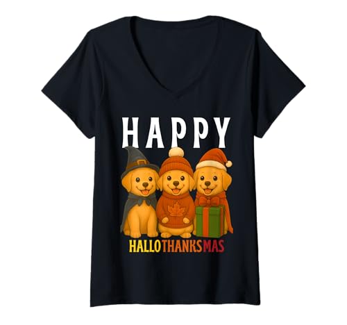 Damen Happy Hallothanksmas Süßer Laborwelpe Herbst Urlaub Hundeliebhaber T-Shirt mit V-Ausschnitt Damen Happy Hallothanksmas Süßer Laborwelpe Herbst Urlaub Hundeliebhaber T-Shirt mit V-Ausschnitt von Funny Labrador Retrievers Halloween Thanksgiving
