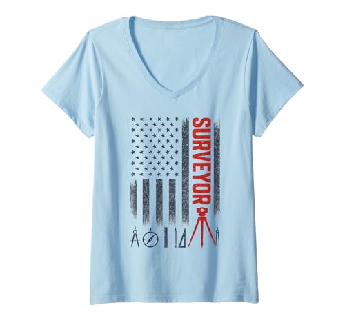Damen 4th of July Surveyor Patriotic USA Flag Surveying T-Shirt mit V-Ausschnitt Damen 4th of July Surveyor Patriotic USA Flag Surveying T-Shirt mit V-Ausschnitt von Funny Land Surveyors Examiner Cartographer