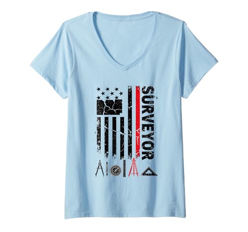 Damen 4th of July Surveyor Patriotic USA Flag Surveying T-Shirt mit V-Ausschnitt Damen 4th of July Surveyor Patriotic USA Flag Surveying T-Shirt mit V-Ausschnitt von Funny Land Surveyors Examiner Cartographer
